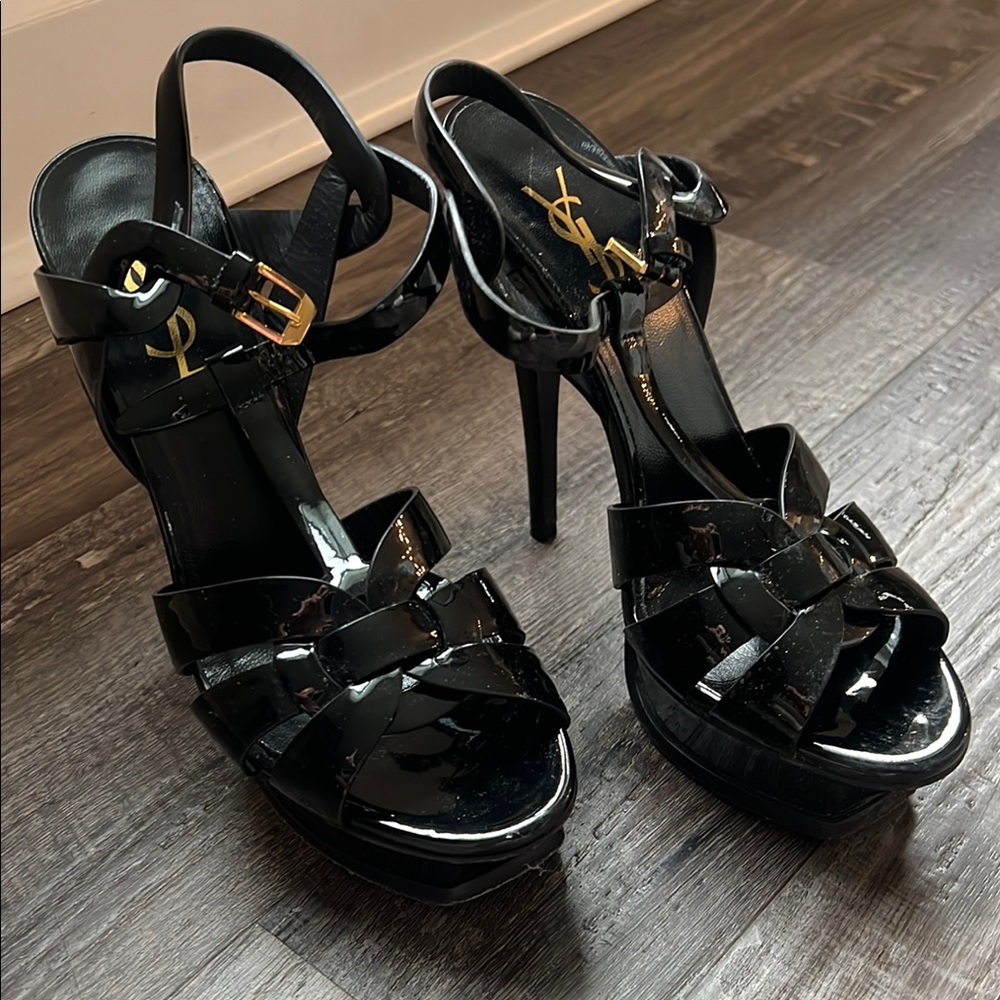 Yves Saint Laurent Glossy Black Heels with Gold Accents